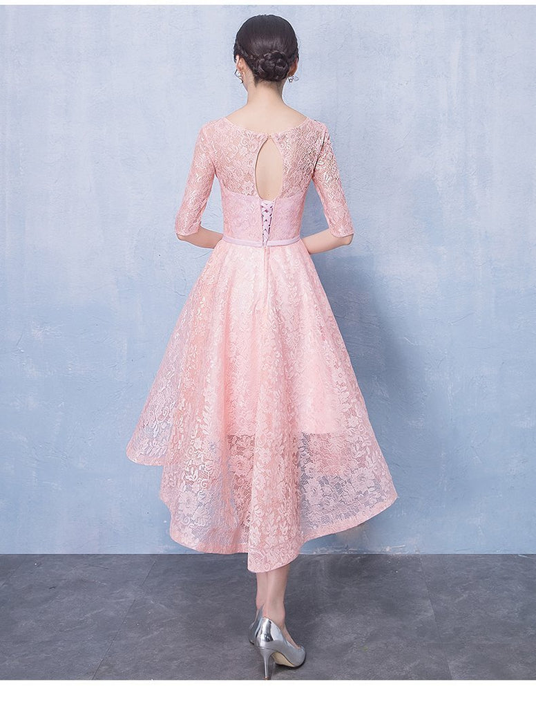 Long Sleeves Pink Lace High Low Cheap Homecoming Dresses Online, CM695