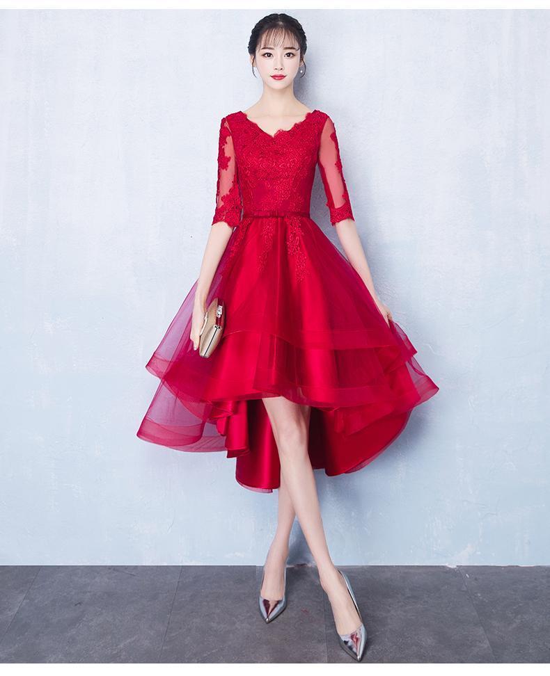 Long Sleeves Red Lace High Low Cheap Homecoming Dresses Online, CM699