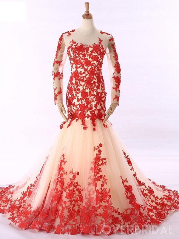 Long Sleeves Red Lace Mermaid Evening Prom Dresses, Cheap Custom Sweet 16 Dresses, 18531