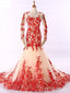 Long Sleeves Red Lace Mermaid Evening Prom Dresses, Cheap Custom Sweet 16 Dresses, 18531