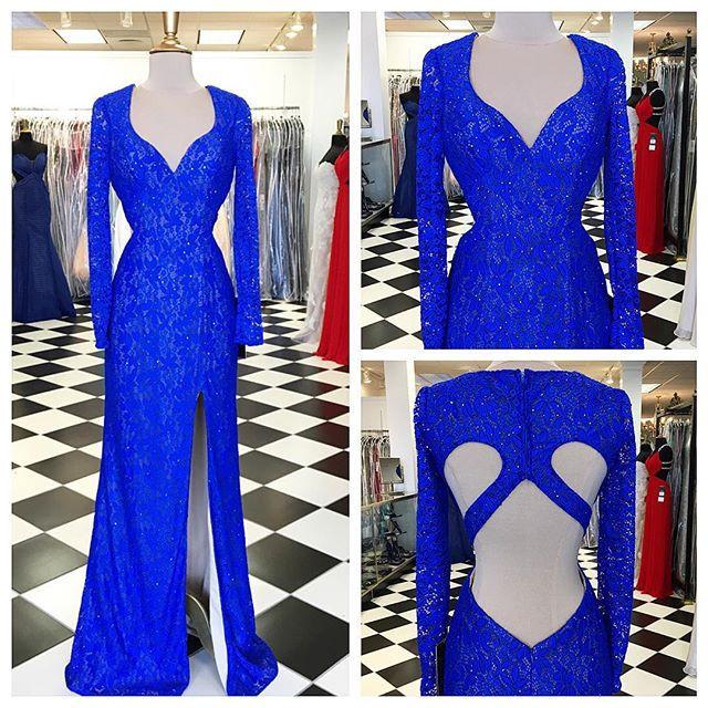 Long Sleeves Royal Blue Open Back Side Slit Long Prom Dress, WG574