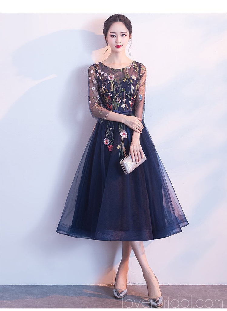 Long Sleeves Scoop Lace Navy Cheap Homecoming Dresses Online, Cheap Short Prom Dresses, CM795