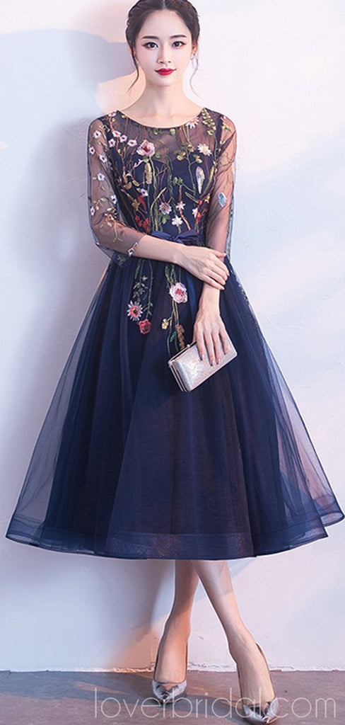Long Sleeves Scoop Lace Navy Cheap Homecoming Dresses Online, Cheap Short Prom Dresses, CM795