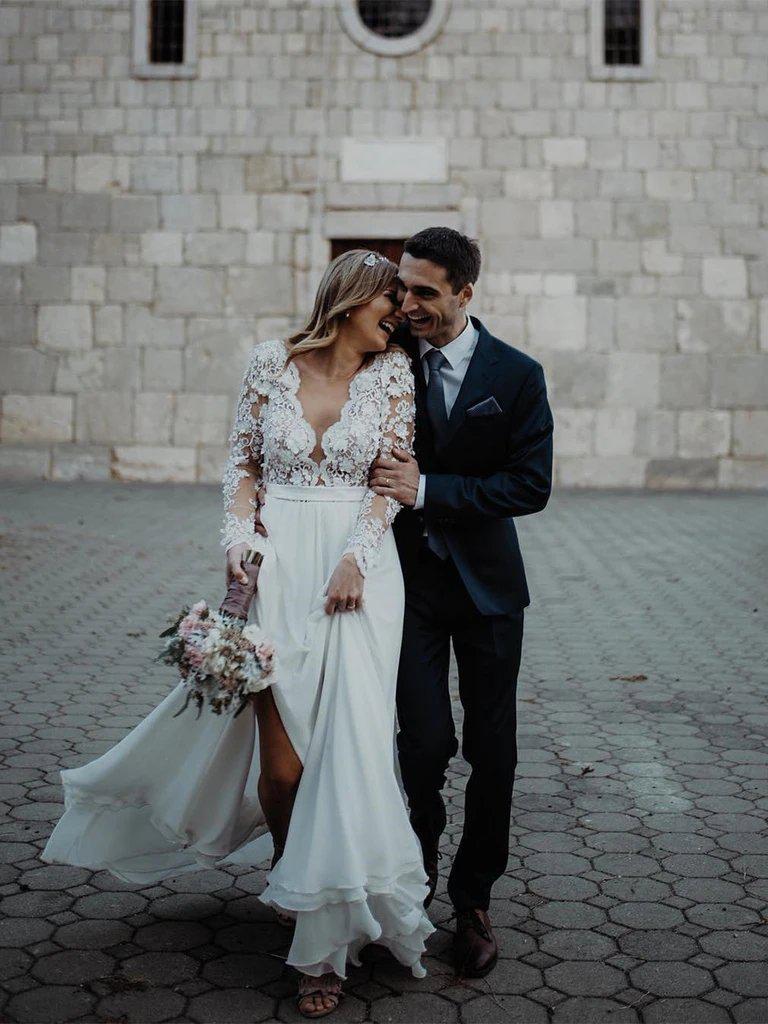 Long Sleeves See Through Beach Wedding Dresses, Chiffon Wedding Gown, WD695