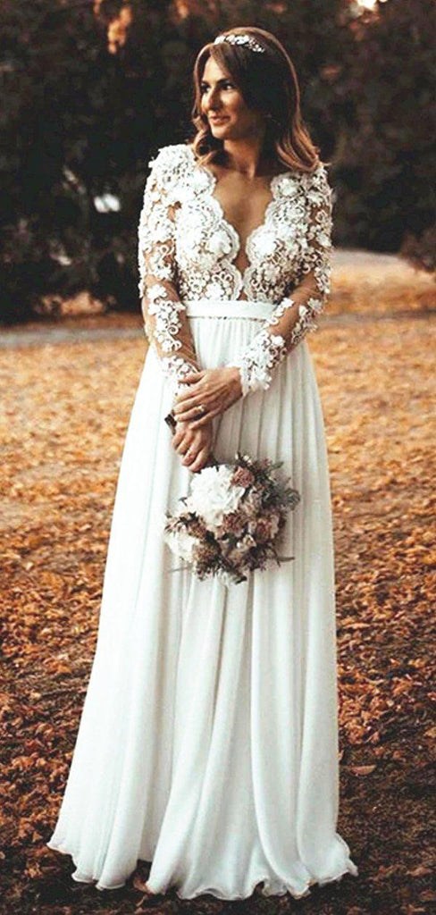 Long Sleeves See Through Beach Wedding Dresses, Chiffon Wedding Gown, WD695