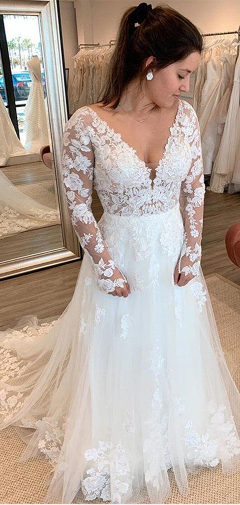 Long Sleeves See Through Cheap Wedding Dresses Online, Cheap Bridal Dresses, WD655