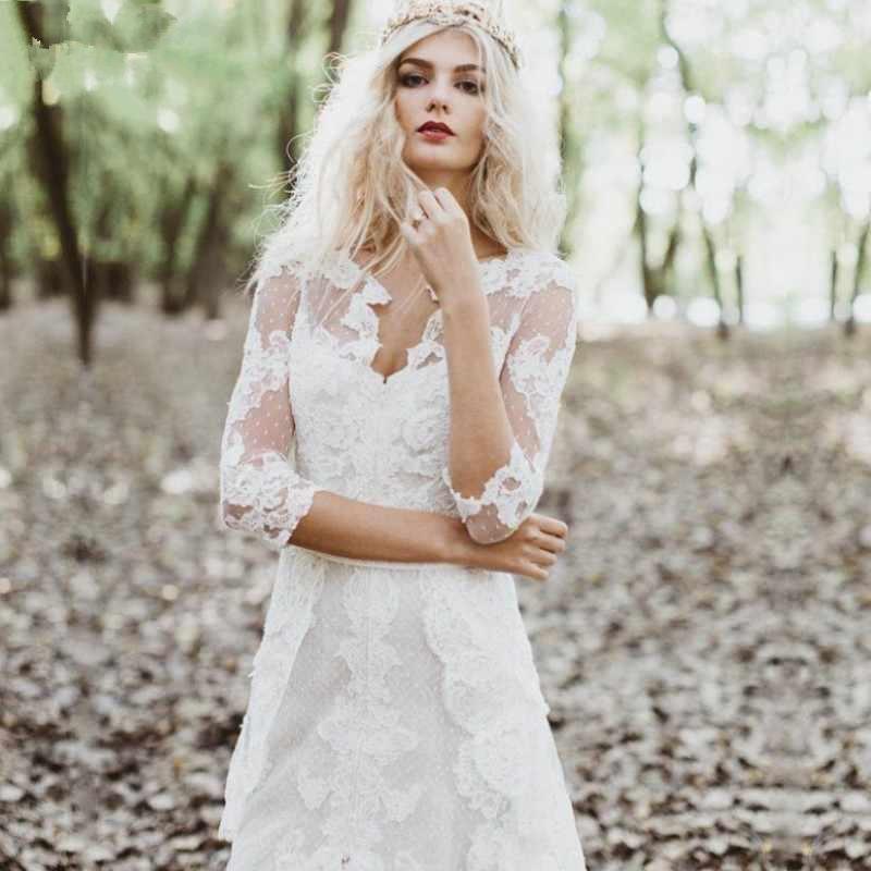 Long Sleeves See Through Lace Boho Wedding Dresses, Cheap Wedding Gown, WD686