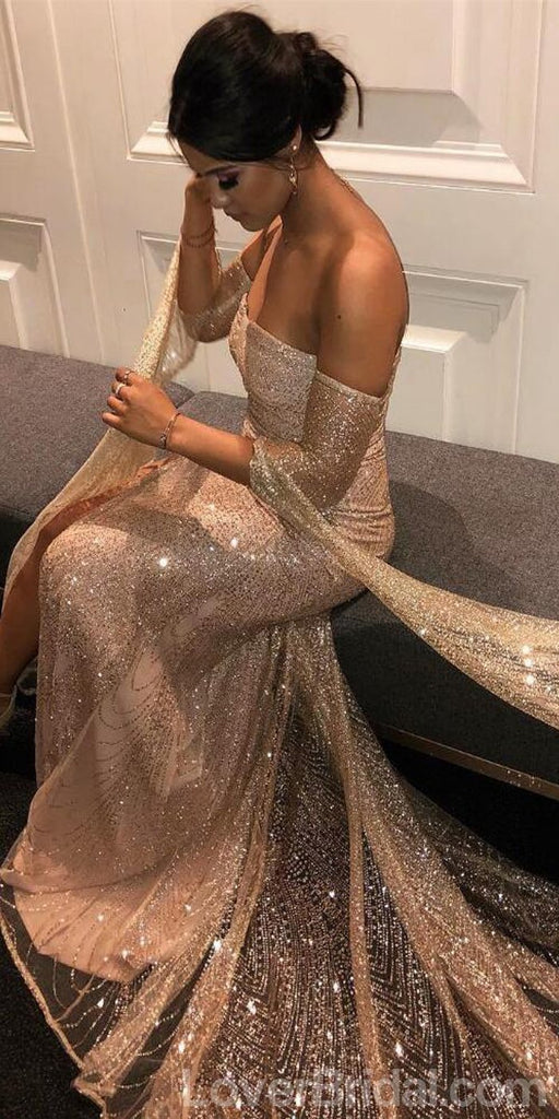 Long Sleeves Sparkly Mermaid Long Evening Prom Dresses, Cheap Custom Sweet 16 Dresses, 18562