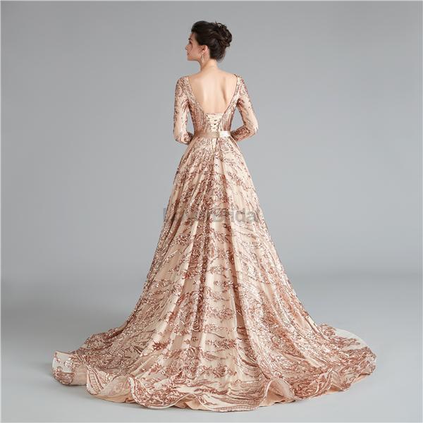 Long Sleeves Sparkly Rose Gold Backless Evening Prom Dresses, Evening Party Prom Dresses, 12111