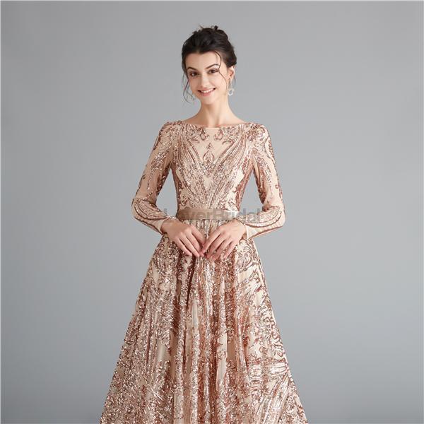 Long Sleeves Sparkly Rose Gold Backless Evening Prom Dresses, Evening Party Prom Dresses, 12111