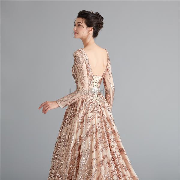 Long Sleeves Sparkly Rose Gold Backless Evening Prom Dresses, Evening Party Prom Dresses, 12111