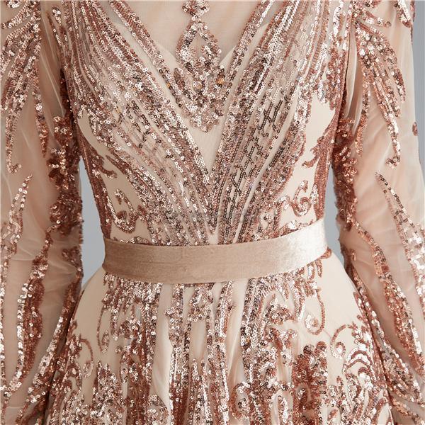 Long Sleeves Sparkly Rose Gold Backless Evening Prom Dresses, Evening Party Prom Dresses, 12111