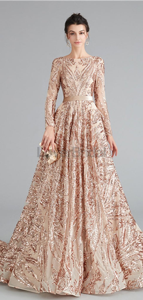 Long Sleeves Sparkly Rose Gold Backless Evening Prom Dresses, Evening Party Prom Dresses, 12111