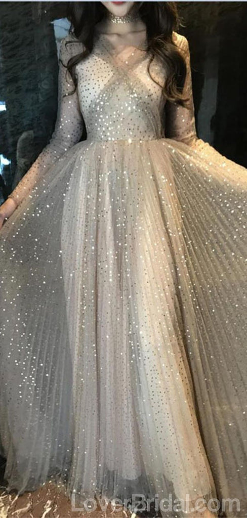 Long Sleeves Sparkly Tulle Long Evening Prom Dresses, Cheap Custom Sweet 16 Dresses, 18568