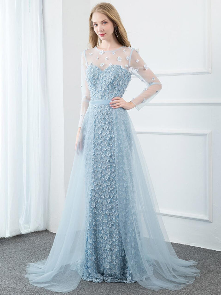 Long Sleeves Tiffany Blue Mermaid Evening Prom Dresses, Evening Party Prom Dresses, 12287