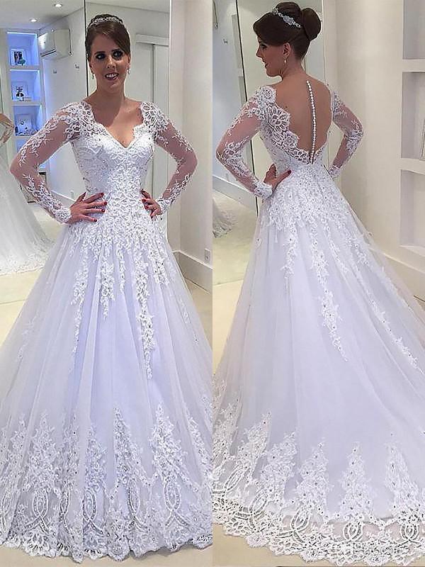 Long Sleeves White A-line Wedding Dresses Online, Sexy See Through Lace Bridal Dresses, WD449