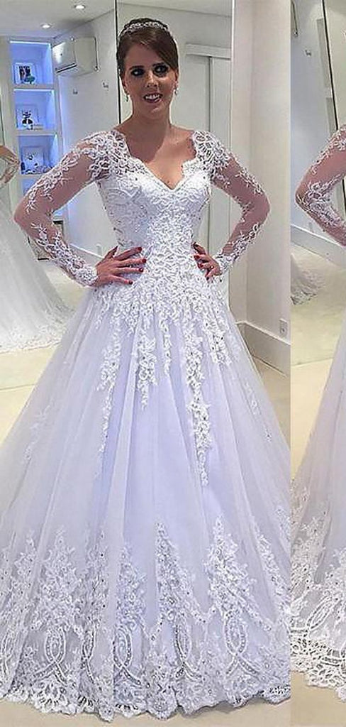 Long Sleeves White A-line Wedding Dresses Online, Sexy See Through Lace Bridal Dresses, WD449