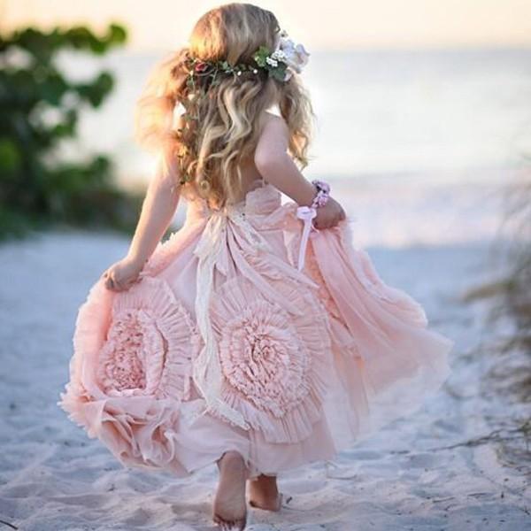 Lovely Spaghetti Soft Pink Flower Girl Dresses For Beach Wedding, Unique Little Girl Dresses, FG069