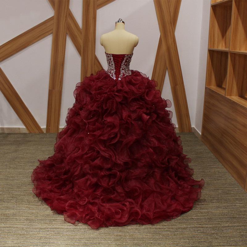 Maroon Ball Gown Beaded Organza Long Evening Prom Dresses, Cheap Sweet 16 Dresses, 18359