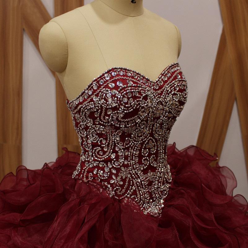 Maroon Ball Gown Beaded Organza Long Evening Prom Dresses, Cheap Sweet 16 Dresses, 18359