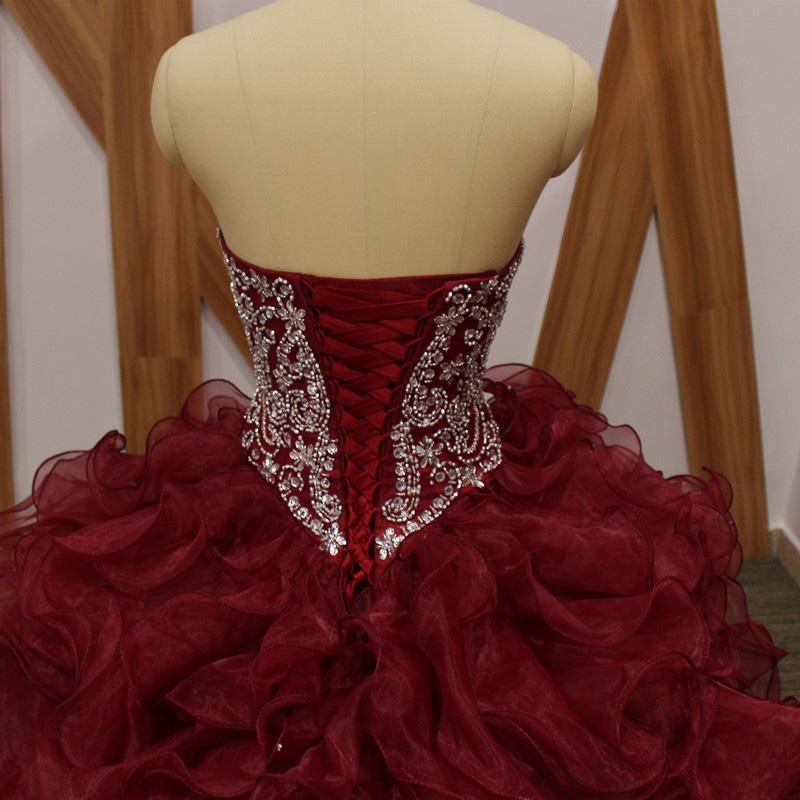 Maroon Ball Gown Beaded Organza Long Evening Prom Dresses, Cheap Sweet 16 Dresses, 18359