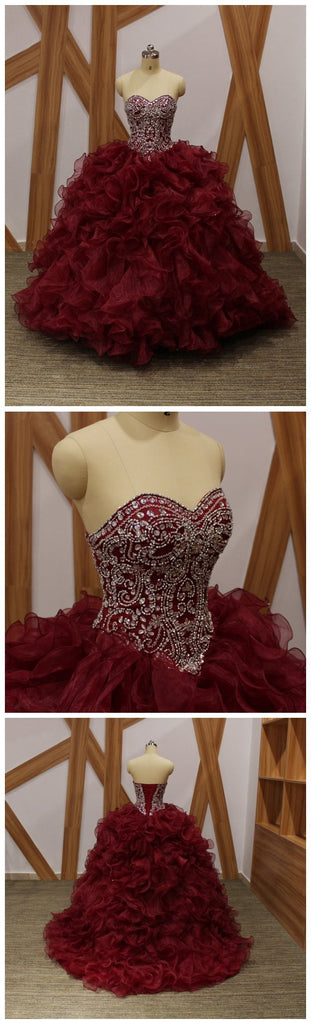 Maroon Ball Gown Beaded Organza Long Evening Prom Dresses, Cheap Sweet 16 Dresses, 18359