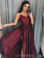 Maroon Spaghetti Straps Side Slit Long Evening Prom Dresses, Cheap Custom Sweet 16 Dresses, 18453