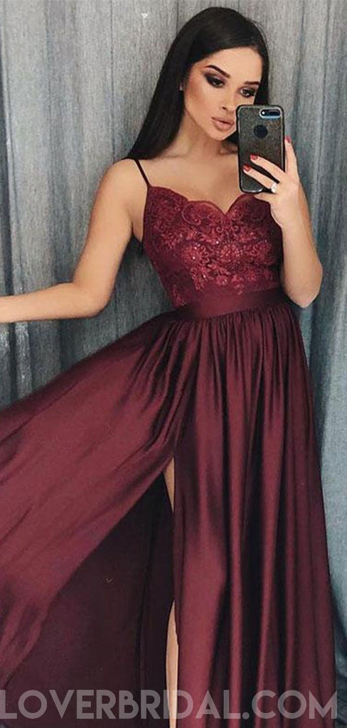 Maroon Spaghetti Straps Side Slit Long Evening Prom Dresses, Cheap Custom Sweet 16 Dresses, 18453