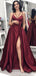 Maroon Spaghetti Straps Side Slit Long Evening Prom Dresses, Cheap Custom Sweet 16 Dresses, 18467