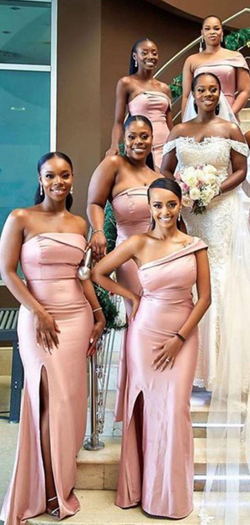 Mermaid Pink Side Slit One Shoulder Long Bridesmaid Dresses Gown Online,WG930