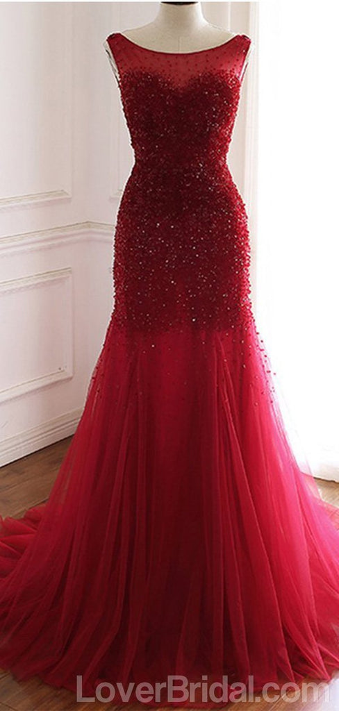 Mermaid See Through Red Long Evening Prom Dresses, Cheap Custom Party Prom Dresses, 18598