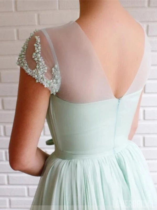 Mint Green A-line Short Sleeves Jewel High Slit Long Prom Dresses Online,12605