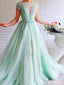 Mint Green A-line Short Sleeves Jewel High Slit Long Prom Dresses Online,12605