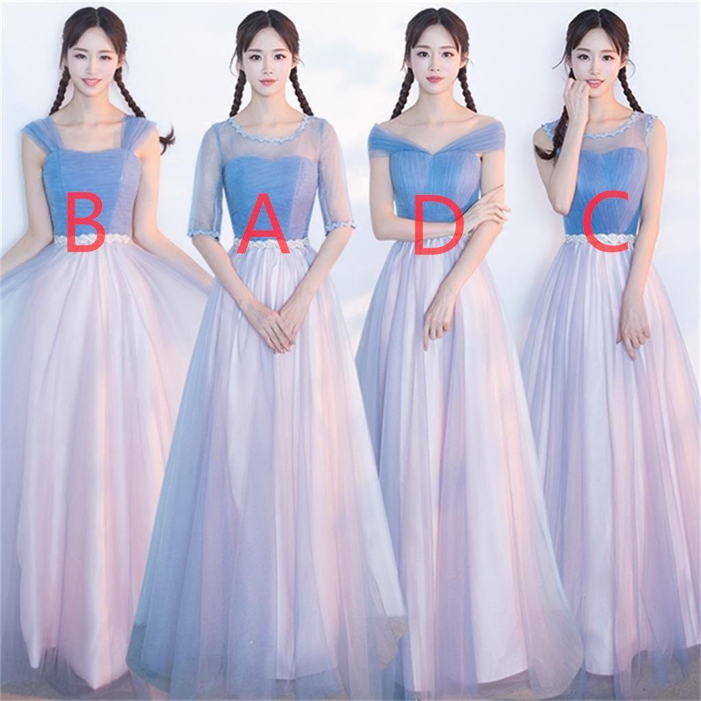 Mismatched Affordable Blue and Pink Soft Tulle Long Bridesmaid Dresses, Cheap Custom Long Bridesmaid Dresses, Affordable Bridesmaid Gowns, BD016