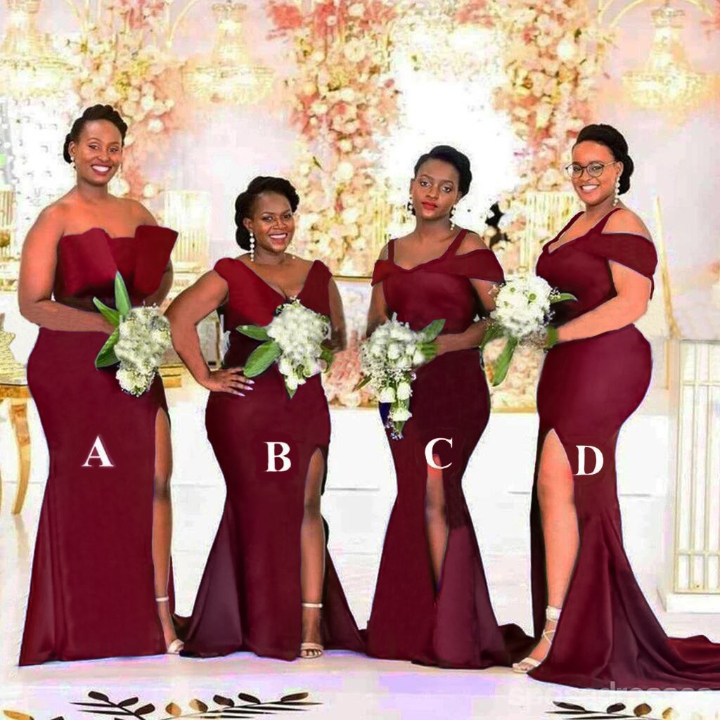 Mismatched Burgundy Mermaid High Slit Cheap Long Bridesmaid Dresses Online,WG974