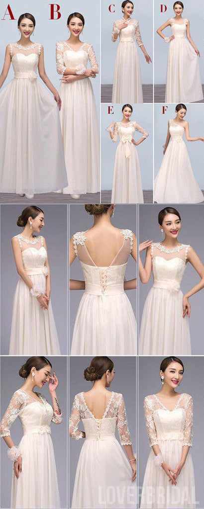 Mismatched Chiffon Lace Affordable Long Bridesmaid Dresses, BD0121
