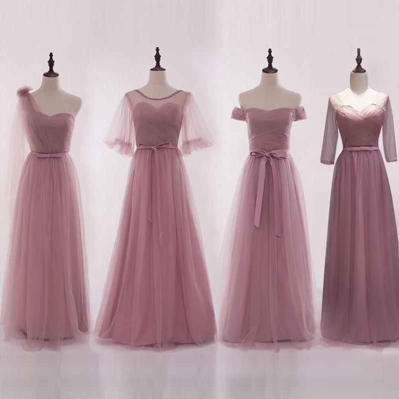 Mismatched Elegant Dusty Pink Soft Tulle Long Bridesmaid Dresses, Cheap Custom Long Bridesmaid Dresses, Affordable Bridesmaid Gowns, BD013