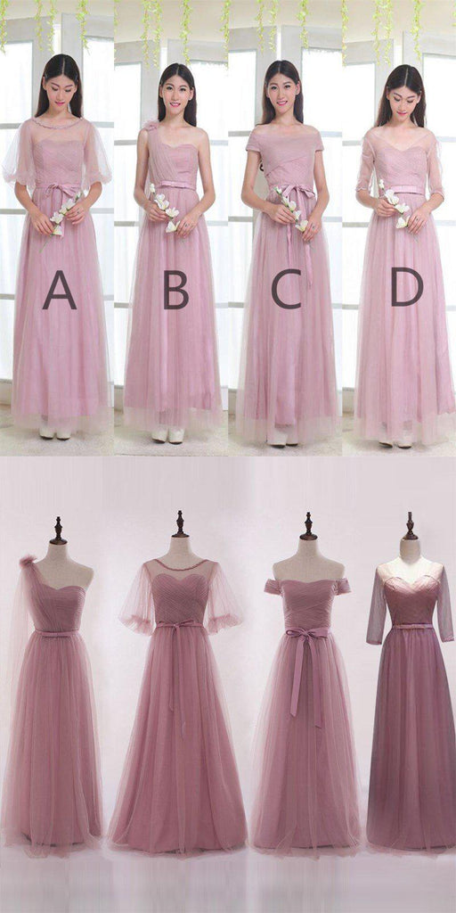 Mismatched Elegant Dusty Pink Soft Tulle Long Bridesmaid Dresses, Cheap Custom Long Bridesmaid Dresses, Affordable Bridesmaid Gowns, BD013