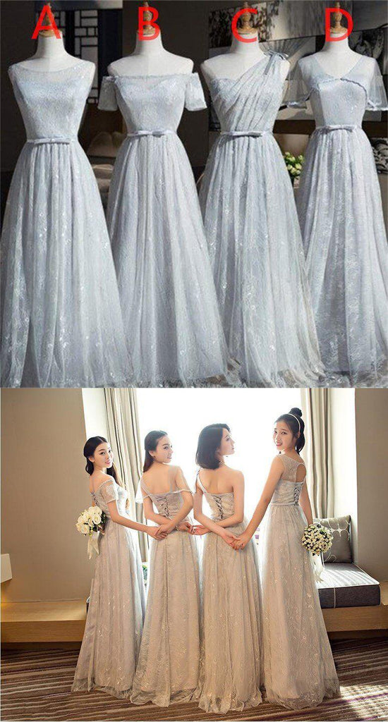 Mismatched Elegant Gray Lace Soft Tulle Long Bridesmaid Dresses, Cheap Custom Long Bridesmaid Dresses, Affordable Bridesmaid Gowns, BD014