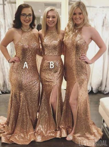 Mismatched Long Gold Sequin Sexy Cheap Bridesmaid Dresses, WG159