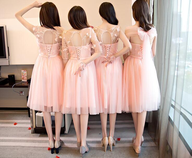 Mismatched Peach Lace Short Bridesmaid Dresses, Cheap Custom Long Bridesmaid Dresses, Affordable Bridesmaid Gowns, BD021