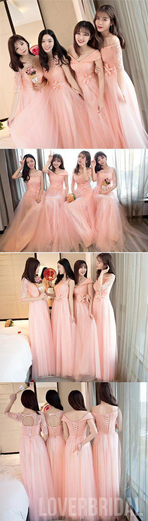 Mismatched Peach Lace Tulle Long Bridesmaid Dresses, Cheap Custom Long Bridesmaid Dresses, Affordable Bridesmaid Gowns, BD005