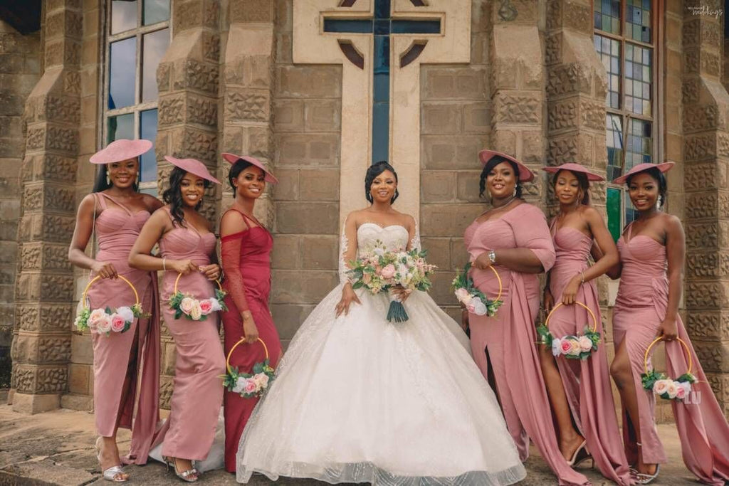 Mismatched Pink Mermaid High Slit Cheap Long Bridesmaid Dresses,WG1205
