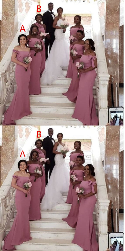 Mismatched Pink Mermaid Off Shoulder Cheap Long Bridesmaid Dresses,WG1174