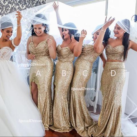 Mismatched Sparkly Gold Sequin Mermaid Bridesmaid Dresses, Cheap Unique Sequin Long Bridesmaid Gown, BD124