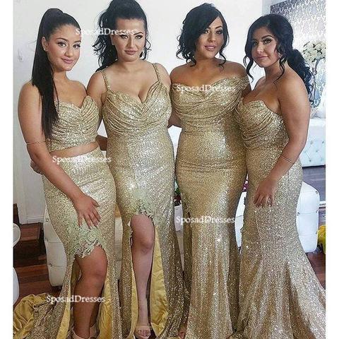 Mismatched Sparkly Gold Sequin Mermaid Bridesmaid Dresses, Cheap Unique Sequin Long Bridesmaid Gown, BD124