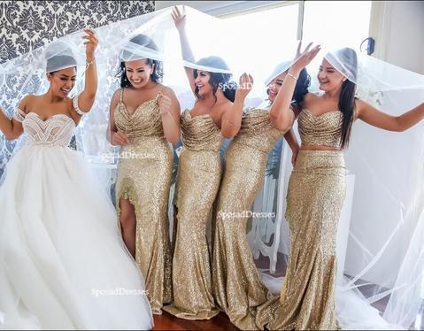 Mismatched Sparkly Gold Sequin Mermaid Bridesmaid Dresses, Cheap Unique Sequin Long Bridesmaid Gown, BD124