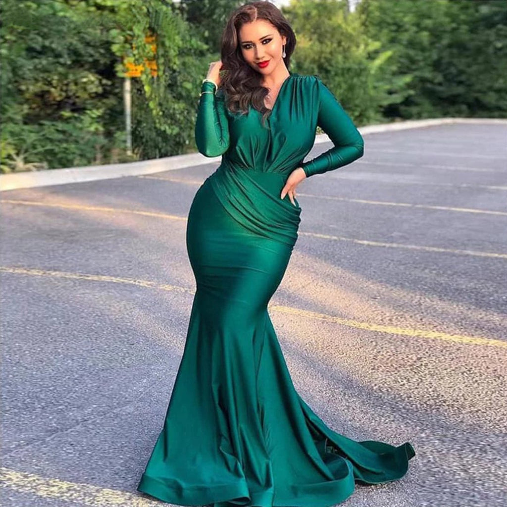 Modest Mermaid Green Long Sleeve V-neck Bridesmaid Dresses Gown Online, WG867