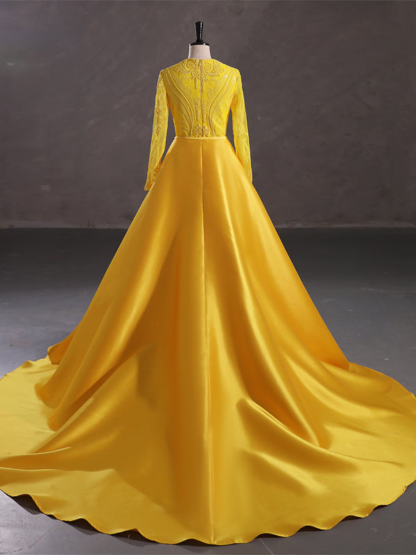 Modest Yellow Mermaid Long Sleeves Jewel Prom Dresses Online,12866