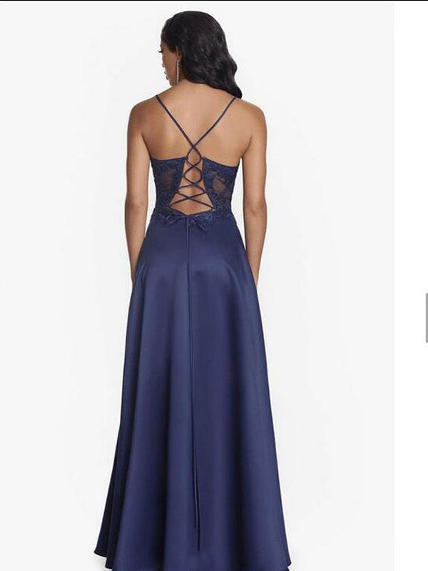 Navy Blue A-line Spaghetti Straps High Slit Maxi Long Prom Dresses,Evening Dresses,12974